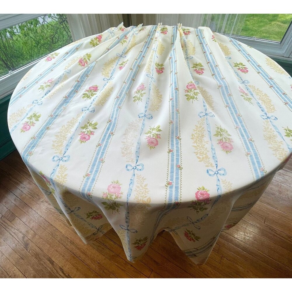 Vintage 1970s floral curtain, lined pleated panel, blue pink flowers